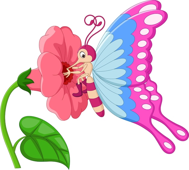 Vector cartoon butterfly with flowers isolated