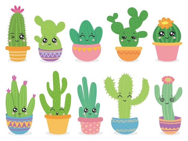 Cartoon cactus Cute succulent or cacti plant with happy funny face tropical smiling flower sticker