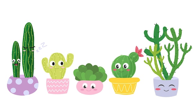 Cartoon cactus Cute succulent or cacti plant with happy funny face tropical smiling