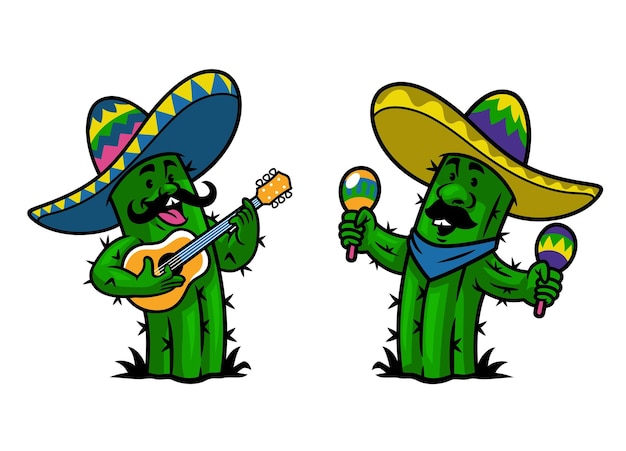 Cartoon Cactus Mexican Mascot Set