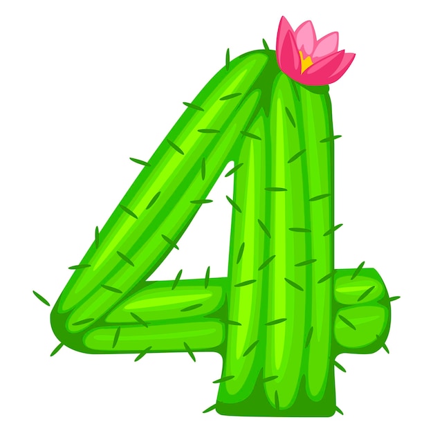 Cartoon cactus number 4 with flower font kids numbers figure four