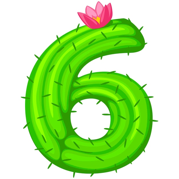 Vector cartoon cactus nummer 6 met bloem lettertype kindernummers figuur zes