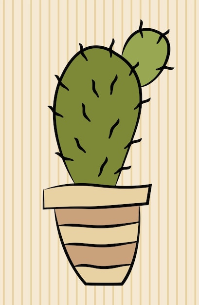 Cartoon cactus in pot. Hand drawn style. Black outline