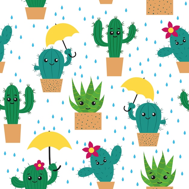 Cartoon cactussen in potten met paraplu's