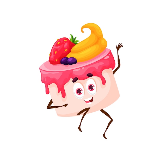 Cartoon cake with jam and fruits vector dessert character Bakery personage with funny face waving hand Bakehouse production fairytale freshly baked pastry kawaii bake house confectionery