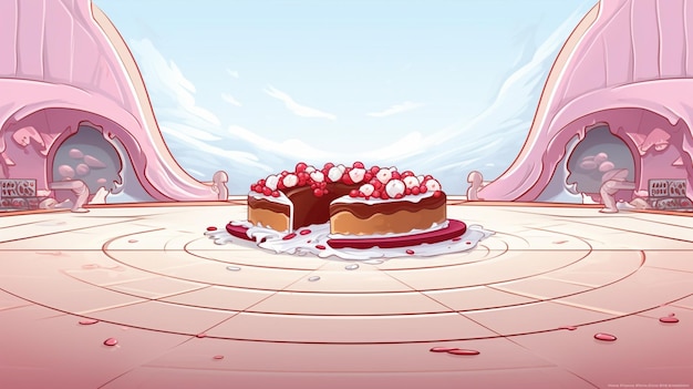 Vettore un cartone animato di una torta con uno sfondo rosa e una torta rossa con uno background rosa