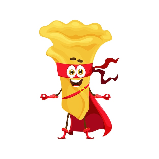 Cartoon campanelle Italiaanse pasta voedsel superheld karakter dragen rode verdediger masker en mantel bestrijding van misdaad voor culinaire gerechtigheid in de keuken Geïsoleerde vector superheld noodle voogd personage