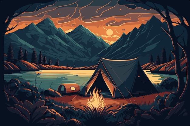 A cartoon of a campfire by a lake with mountains in the background