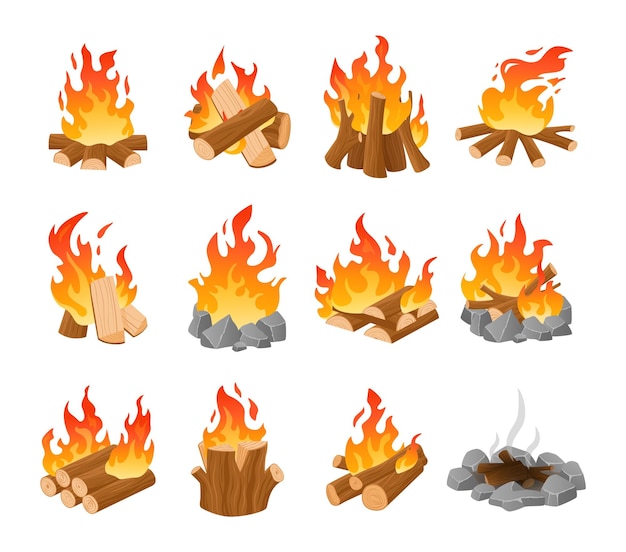 Cartoon campfire Outdoor firewood Forest fireplace with burning logs Fire lighting templates Night camp flaming and extinct bonfire Fuel wood ignition Vector isolated orange blazing lumbers set