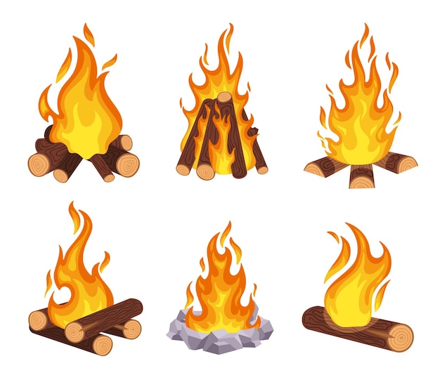 Vector cartoon campfire wood bonfire burning log outdoor fire flames with stone and wooden borders outside wild adventure