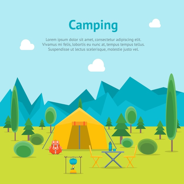 Cartoon Camping Day View Card Poster with Tent and Bonfire Flat Style Design Outdoor Summer Tourism Vector illustration