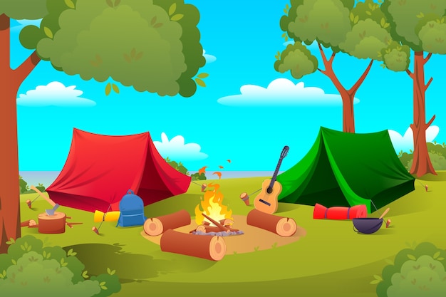 Cartoon camping, hiking equipment tents, tools