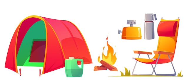 Vector cartoon camping objects set