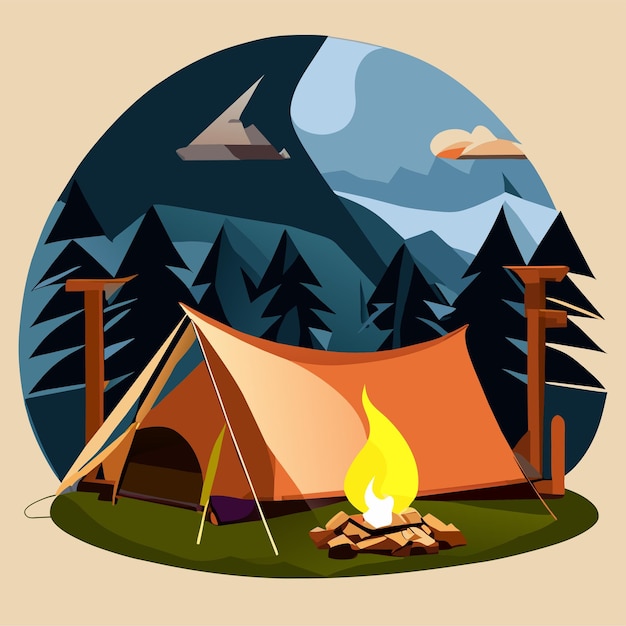 Vector cartoon camping tent with campfire in vector illustration isolated object vector