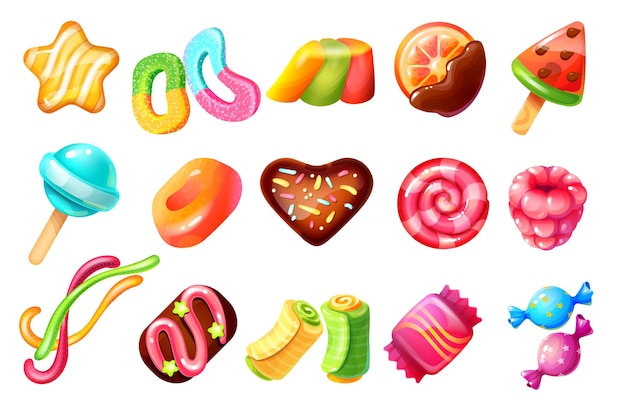 Vector cartoon candies. chocolate sweets and caramel desserts, candy canes sweetmeats and cakes. vector illustration cookies and jelly candies set