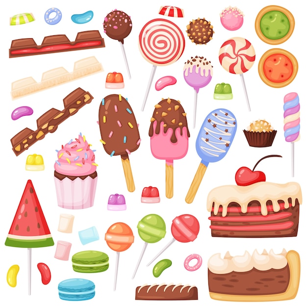 Vector cartoon candy dessert cookies lollipops ice cream jelly marshmallow cake slices chocolate vector set