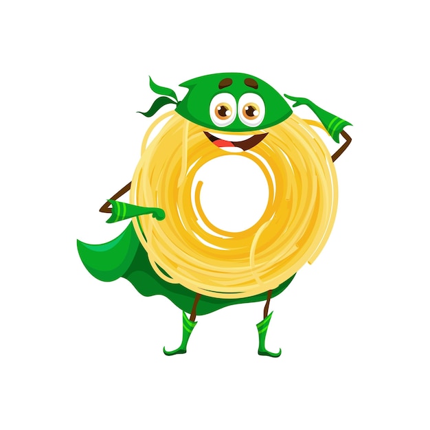 Cartoon capellini pasta italiana cibo supereroe personaggio vettore isolato maccheroni personaggio della cucina italiana con faccia buffa e sorriso carino felice pasta nido delizioso pasto di grano emoji indossare il mantello