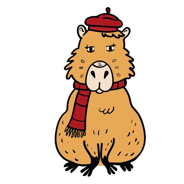 Vettore capybara dei cartoni animati con un berretto e una sciarpa francesi rossi