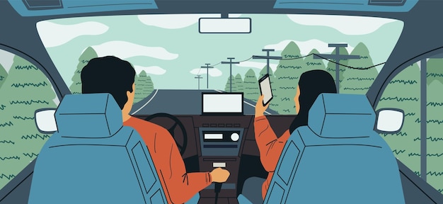 Vector cartoon car interior couple driving during vacation trip view from behind driver and passenger happy family riding on road highway and forest landscape vector traveling by automobile