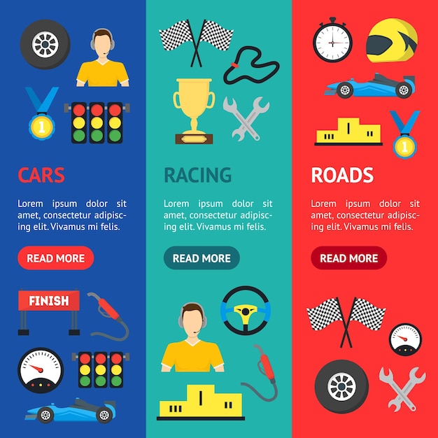 Cartoon Car Racing Banner Vecrtical Set Vector