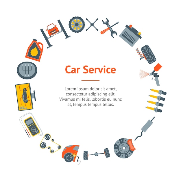 Cartoon car service banner card circle профессиональная помощь плоский стиль дизайн элемент оборудования для ремонта транспортная векторная иллюстрация