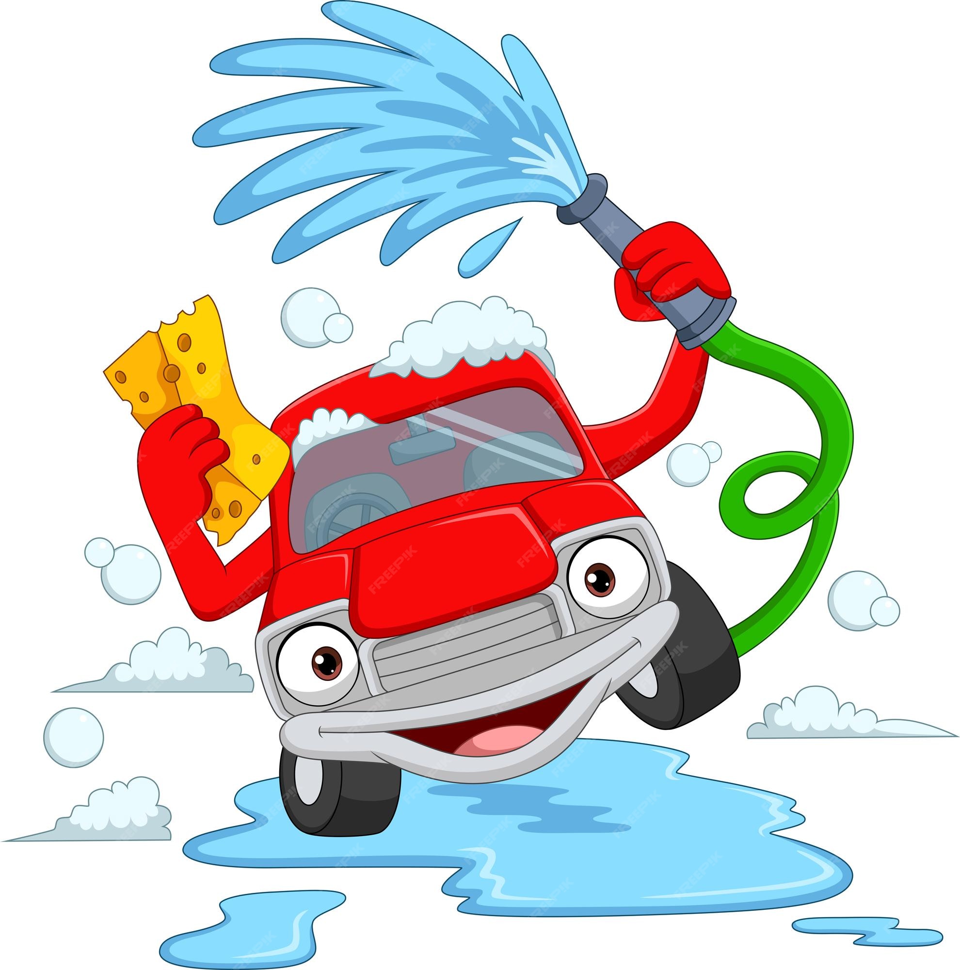 Premium Vector | Cartoon car washing with water pipe and sponge Premium Vector | Cartoon car washing with water pipe and sponge