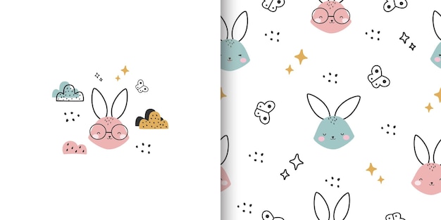 Вектор Мультяшная открытка и бесшовный узор с кроликом и бабочкой милый мультяшный фон животных