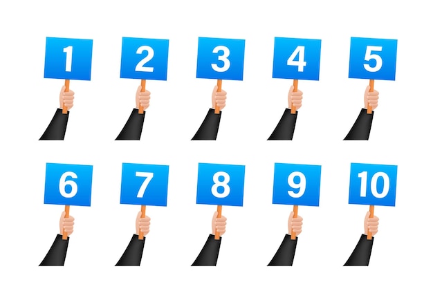 Cartoon card with jury rate Hands holding score cards with numbers