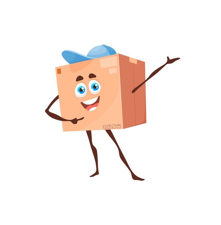 Vector cartoon cardboard box courier delivery character vector package mascot in postman worker cap isolated funny parcel smiling cargo pack friendly personage for mail or post shipping service