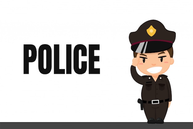 Cartoon carrière. Thaise politie in uniform met gerespecteerde houding tijdens dienst.