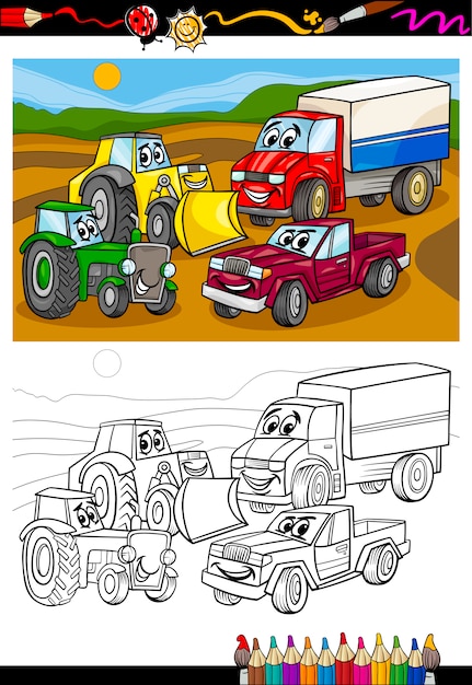 Vector cartoon cars and trucks for coloring book