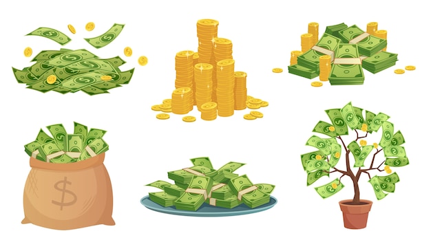 Cartoon cash. Green dollar banknotes pile, rich gold coins and pay.
