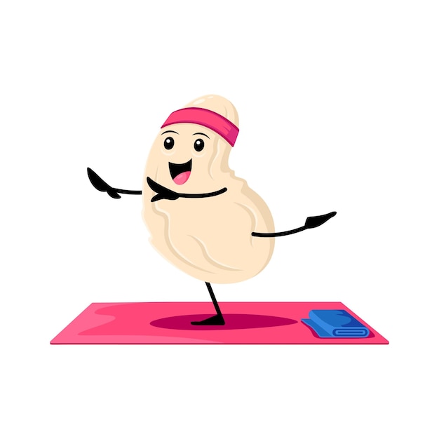 Cartoon cashew happy nut character on yoga class