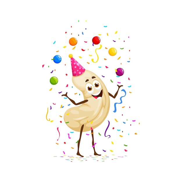 Cartoon cashew nut character entertains at a birthday party by skillfully juggling colorful balls bringing joy and laughter to holiday celebration Isolated vector snack personage wear festive hat