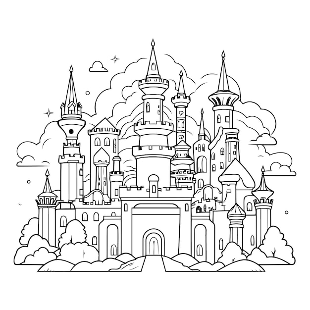 Вектор Карикатурный замок черно-белая иллюстрация для раскрашивания страницы книги