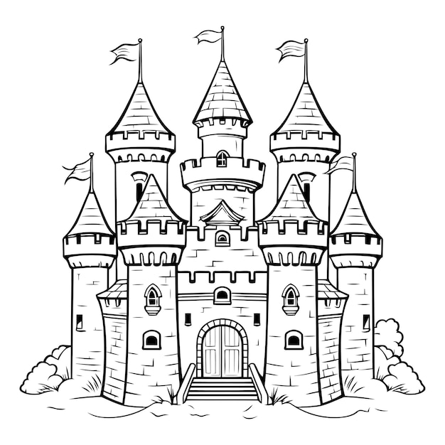 Cartoon castle black and white vector illustration for coloring book