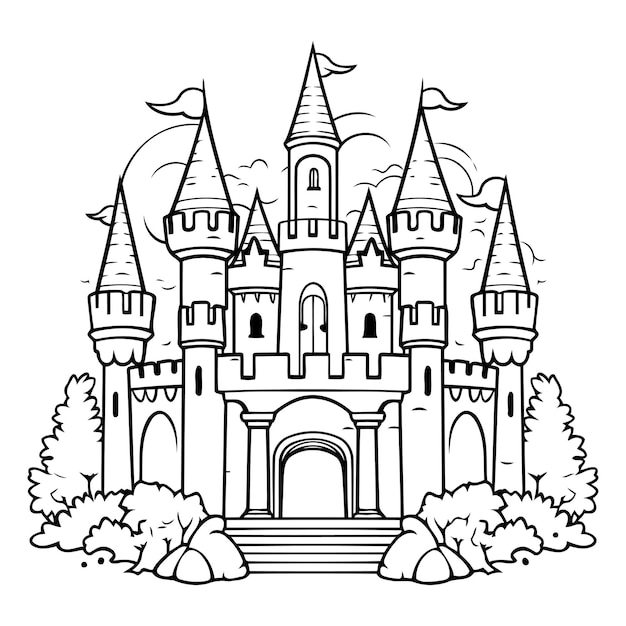 Cartoon castle in the forest Black and white vector illustration