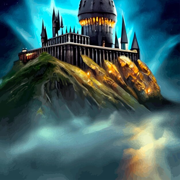 Cartoon castle on a hill in rainy weather landscape of a fairy kingdom in the moonlight at night