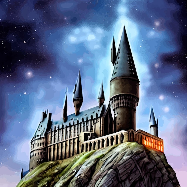 Карикатурный замок на холме в дождливую погоду пейзаж сказочного королевства в лунном свете ночью