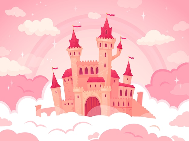 Cartoon castle in pink clouds.