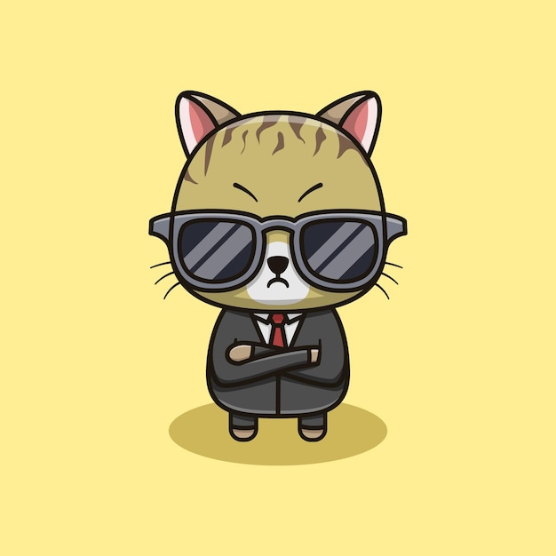 Vector a cartoon cat boss with glasses and a tie is standing with his arms crossed