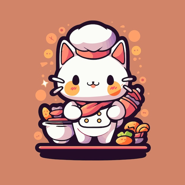 A cartoon cat chef holding a giant doughnut