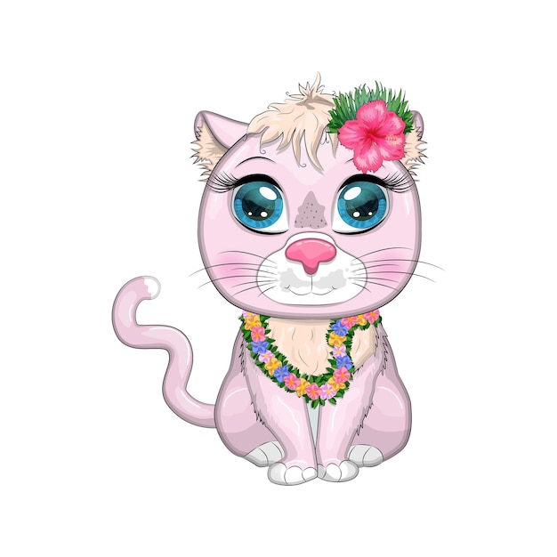 Вектор Мультяшный кот, одетый как танцор хула под укулеле, гавайи, летние каникулы, милый ребенок, символ 2023 года