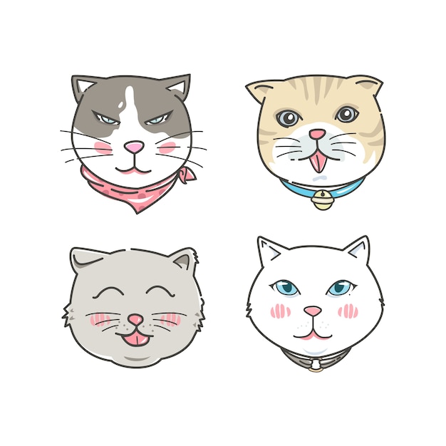 Facce di gatto dei cartoni animati impostate. stile disegnato a mano