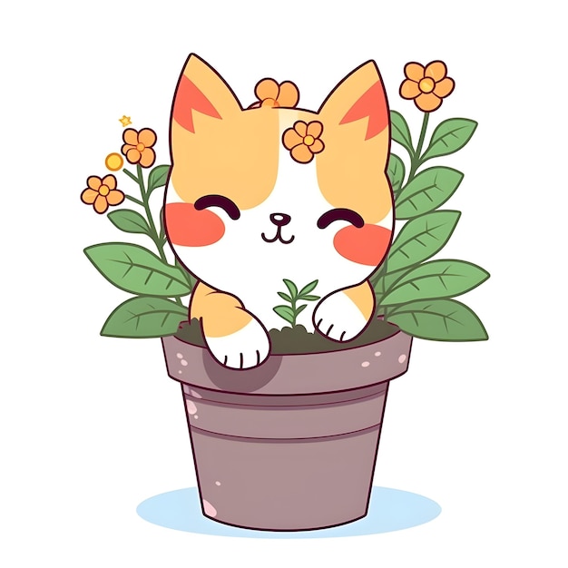 A cartoon cat in a flower pot