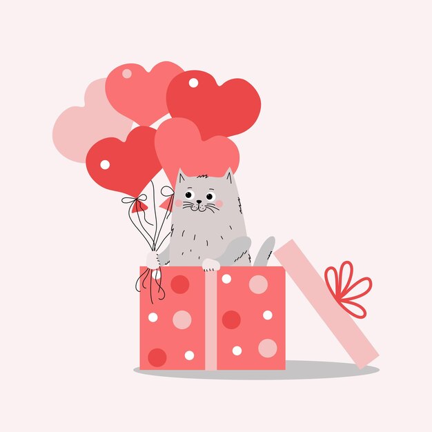 Cartoon cat in a gift box kitten with heart shaped balloons postcard design vector illustration