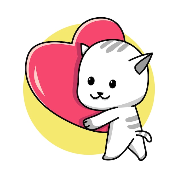 Vector cartoon cat holding red heart