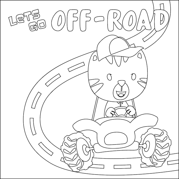 A cartoon cat is driving a toy car with the words let's go off road