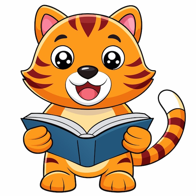Vector a cartoon cat is holding a book with a striped tail