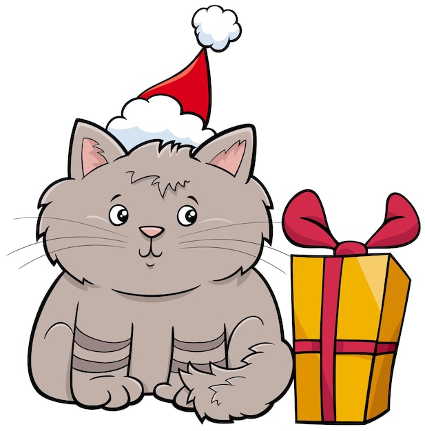 Vettore cartone animato gatto o gattino personaggio animale con regalo a natale